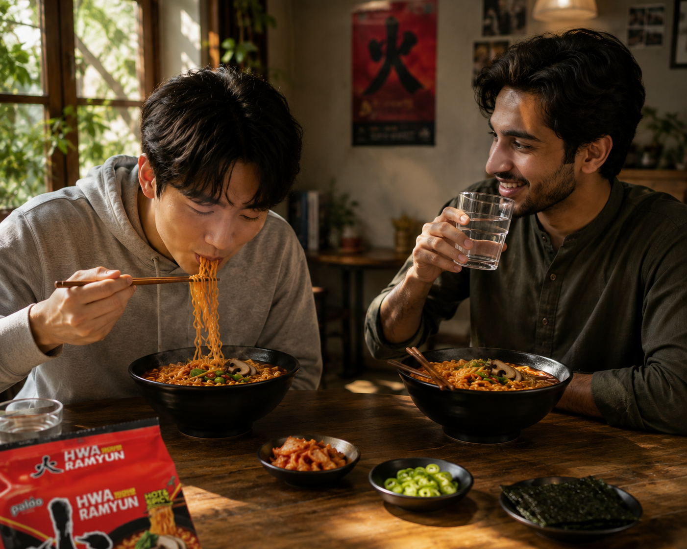 Friends enjoying Paldo noodles together