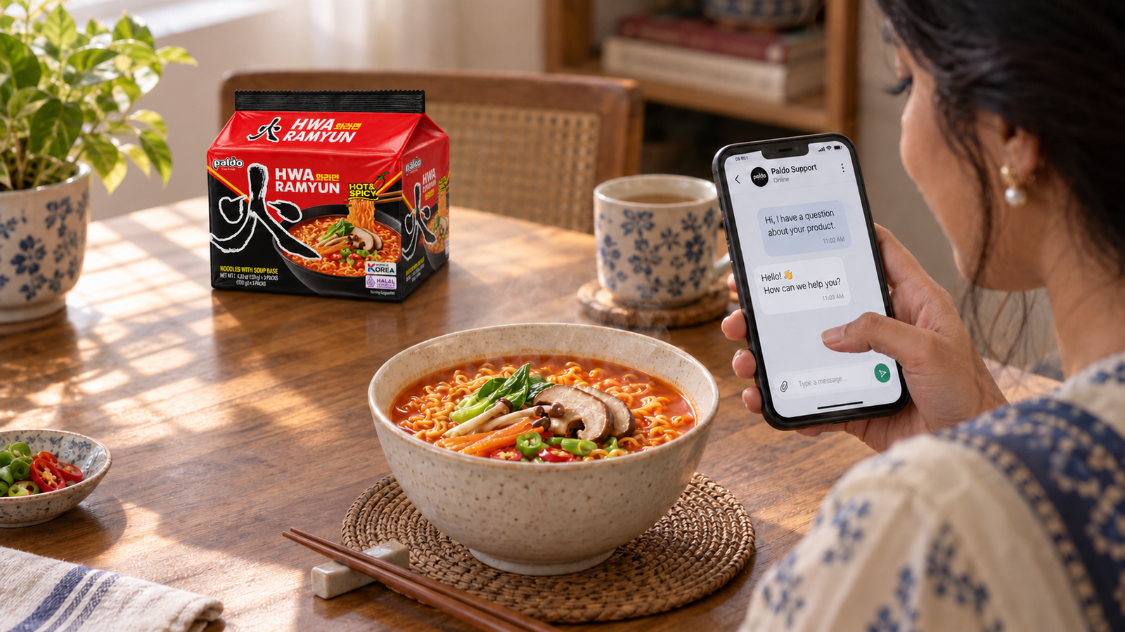 Customer messaging Paldo support over noodles, with an HWA multipack farther back on the table