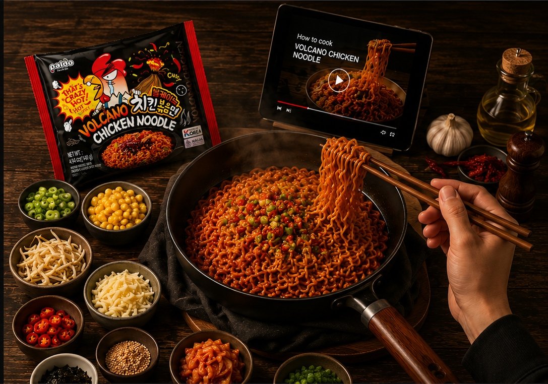 Volcano Chicken noodles with cooking video and topping ingredients